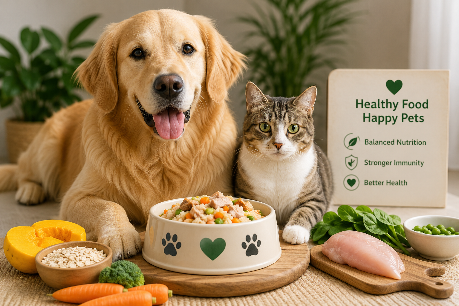 A dog and a cat beside a bowl of balanced pet food